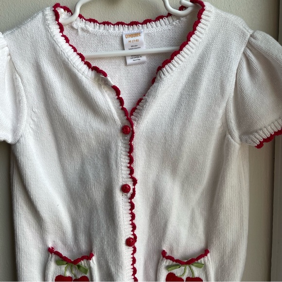 GYMBOREE WHITE RED CHERRY POCKET CARDIGAN SWEATER SIZE 7/8 100% COTTON - Picture 3 of 5